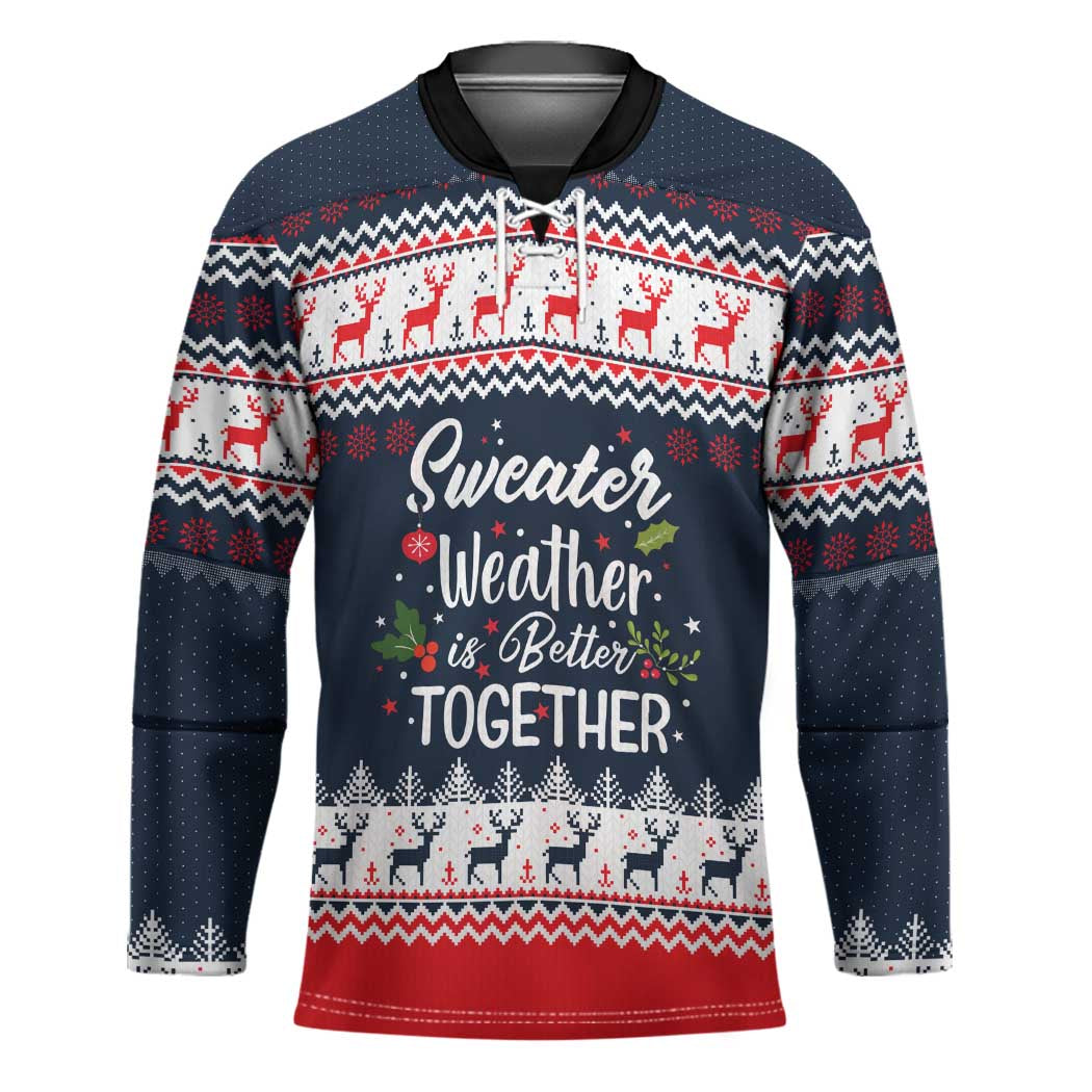 Sweater Weather Christmas Hockey Jersey with Better Together Quote and Reindeer Snowflake - Wonder Print Shop