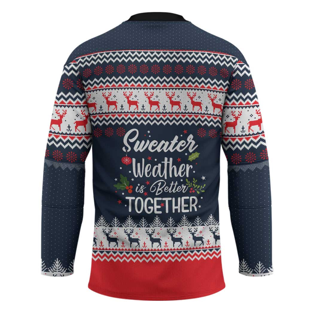 Sweater Weather Christmas Hockey Jersey with Better Together Quote and Reindeer Snowflake - Wonder Print Shop