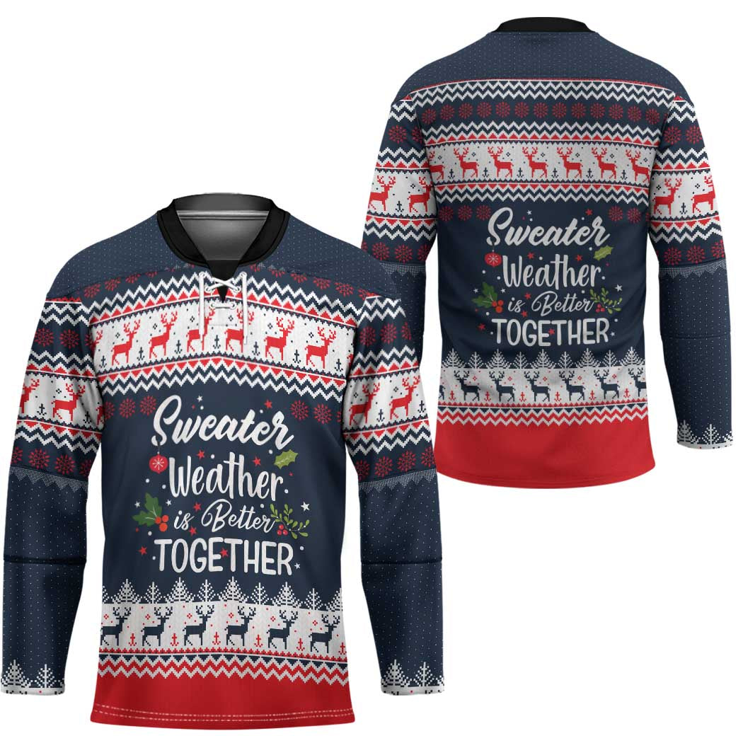 Sweater Weather Christmas Hockey Jersey with Better Together Quote and Reindeer Snowflake - Wonder Print Shop