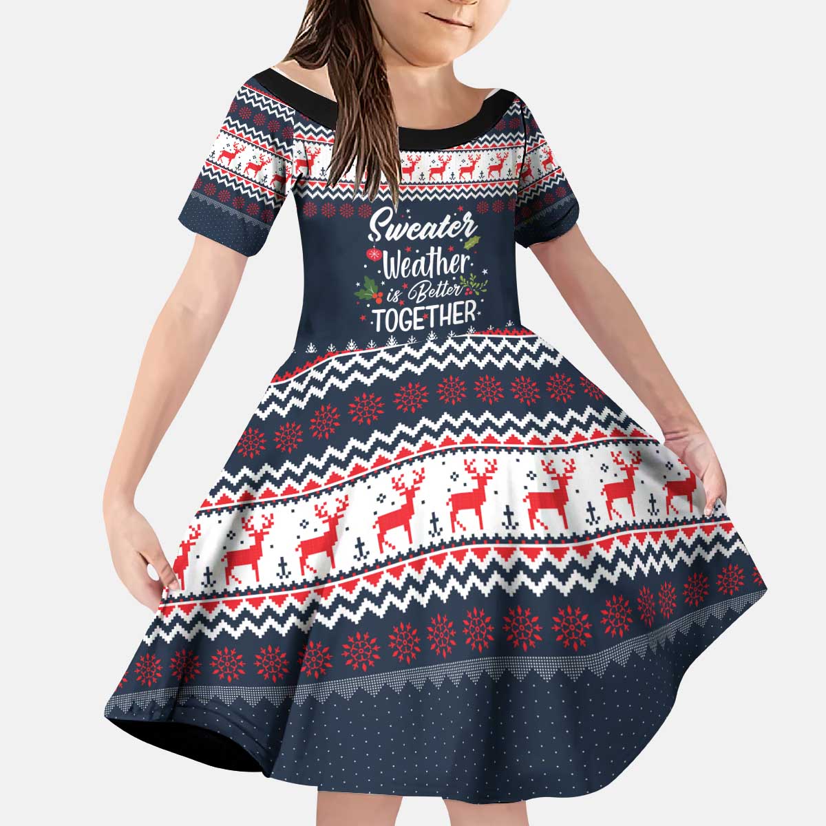 Sweater Weather Christmas Kid Short Sleeve Dress with Better Together Quote and Reindeer Snowflake - Wonder Print Shop