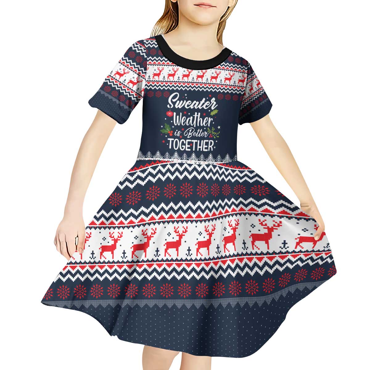 Sweater Weather Christmas Kid Short Sleeve Dress with Better Together Quote and Reindeer Snowflake - Wonder Print Shop