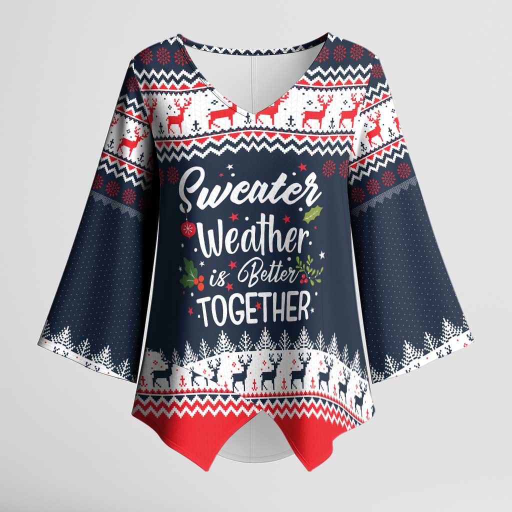 Sweater Weather Christmas Kimono Sleeve Blouse with Better Together Quote and Reindeer Snowflake - Wonder Print Shop