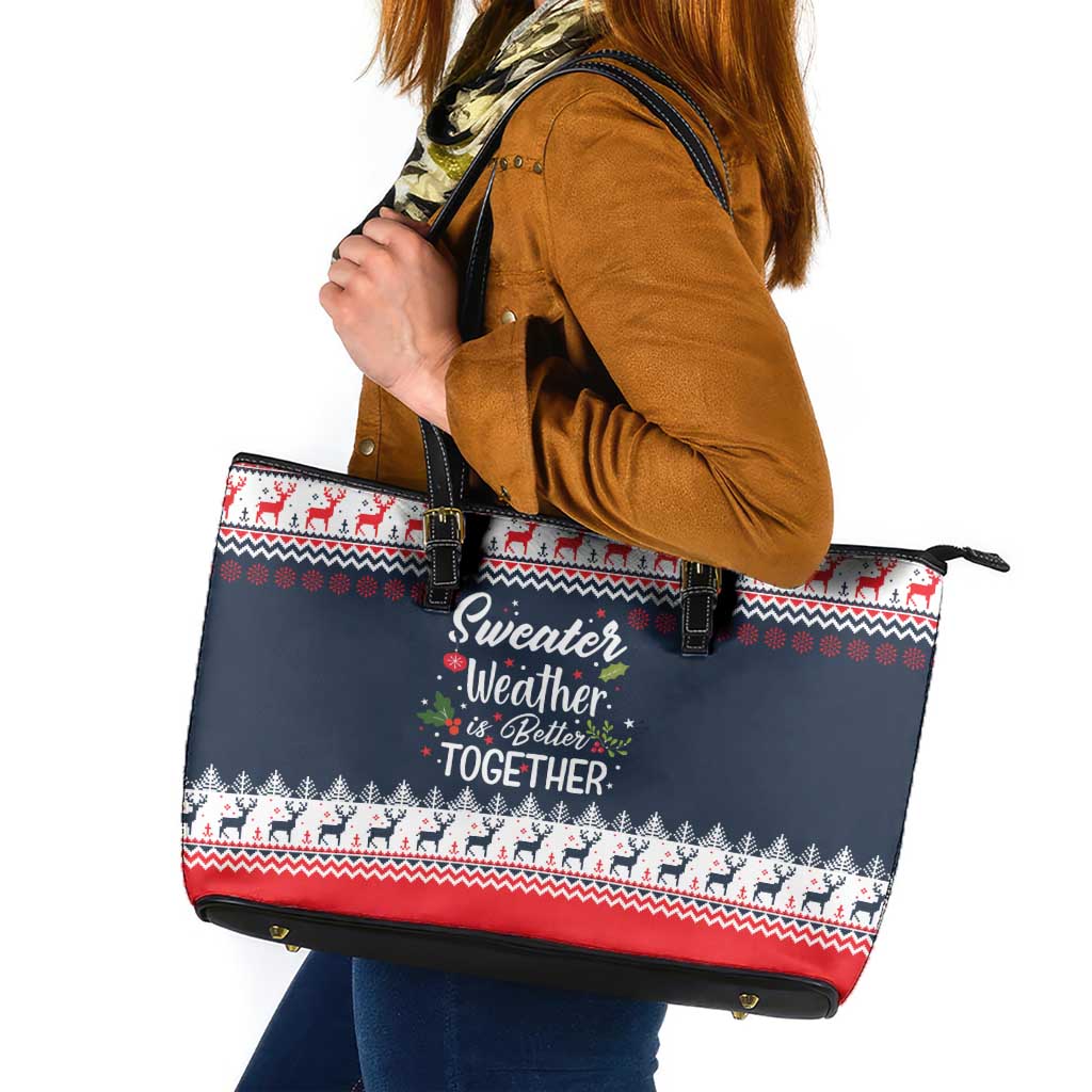 Sweater Weather Christmas Leather Tote Bag with Better Together Quote and Reindeer Snowflake - Wonder Print Shop