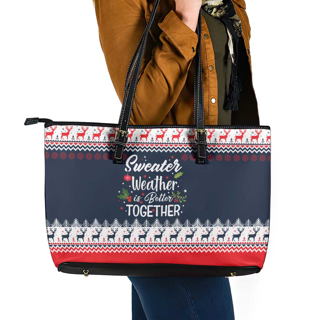 Sweater Weather Christmas Leather Tote Bag with Better Together Quote and Reindeer Snowflake - Wonder Print Shop