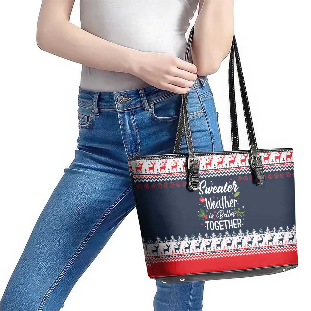 Sweater Weather Christmas Leather Tote Bag with Better Together Quote and Reindeer Snowflake - Wonder Print Shop