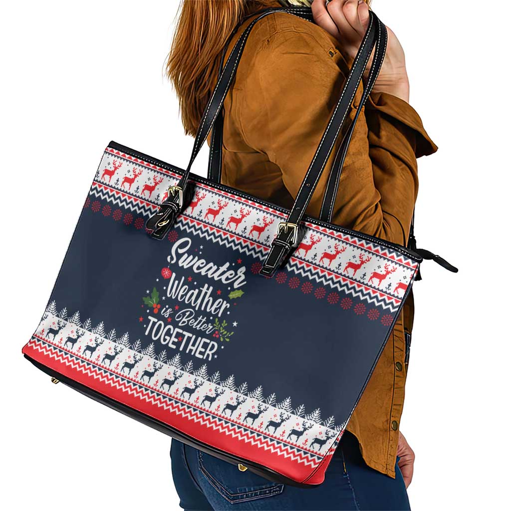 Sweater Weather Christmas Leather Tote Bag with Better Together Quote and Reindeer Snowflake - Wonder Print Shop