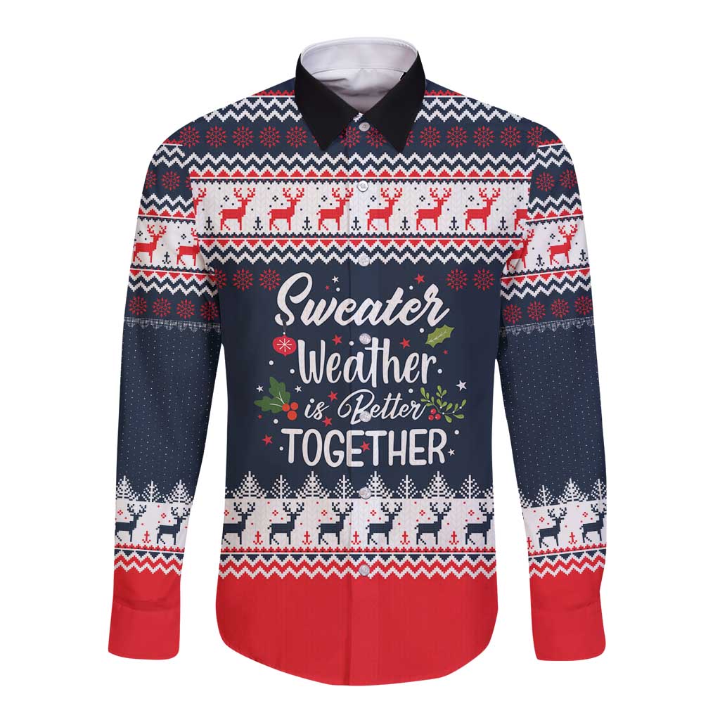 Sweater Weather Christmas Long Sleeve Button Shirt with Better Together Quote and Reindeer Snowflake - Wonder Print Shop