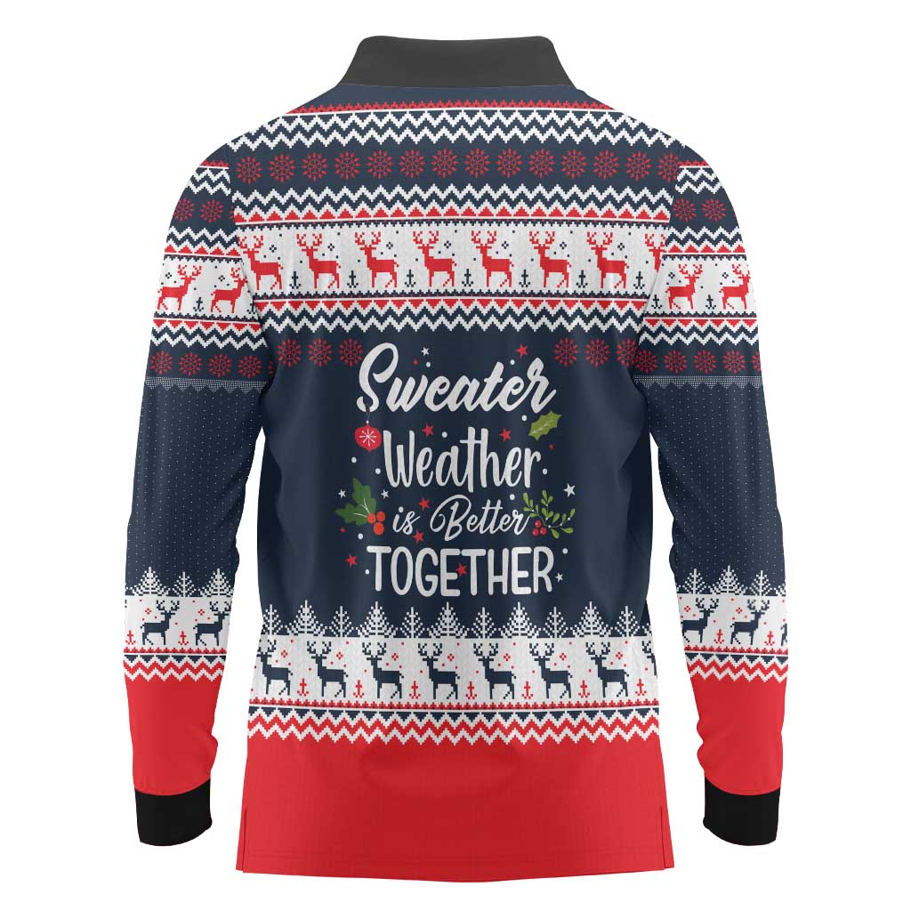 Sweater Weather Christmas Long Sleeve Polo Shirt with Better Together Quote and Reindeer Snowflake - Wonder Print Shop