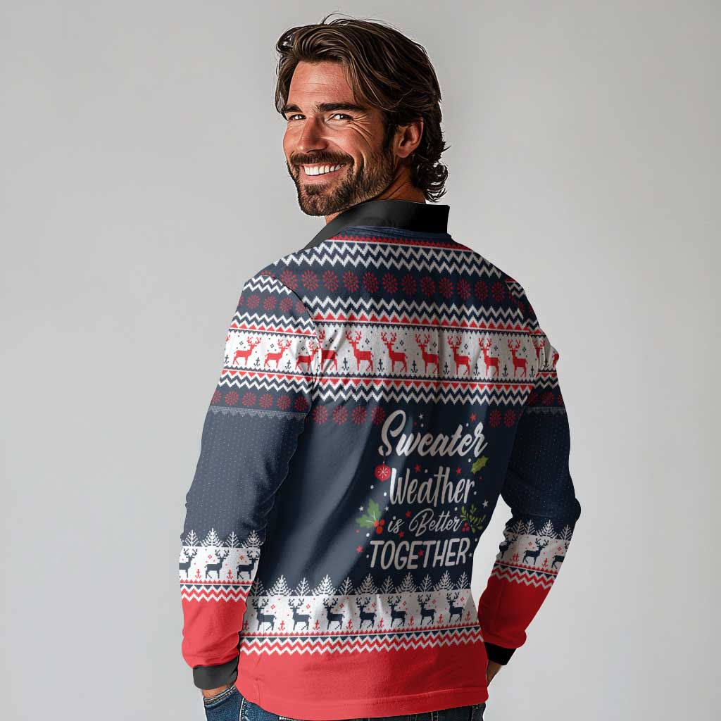 Sweater Weather Christmas Long Sleeve Polo Shirt with Better Together Quote and Reindeer Snowflake - Wonder Print Shop