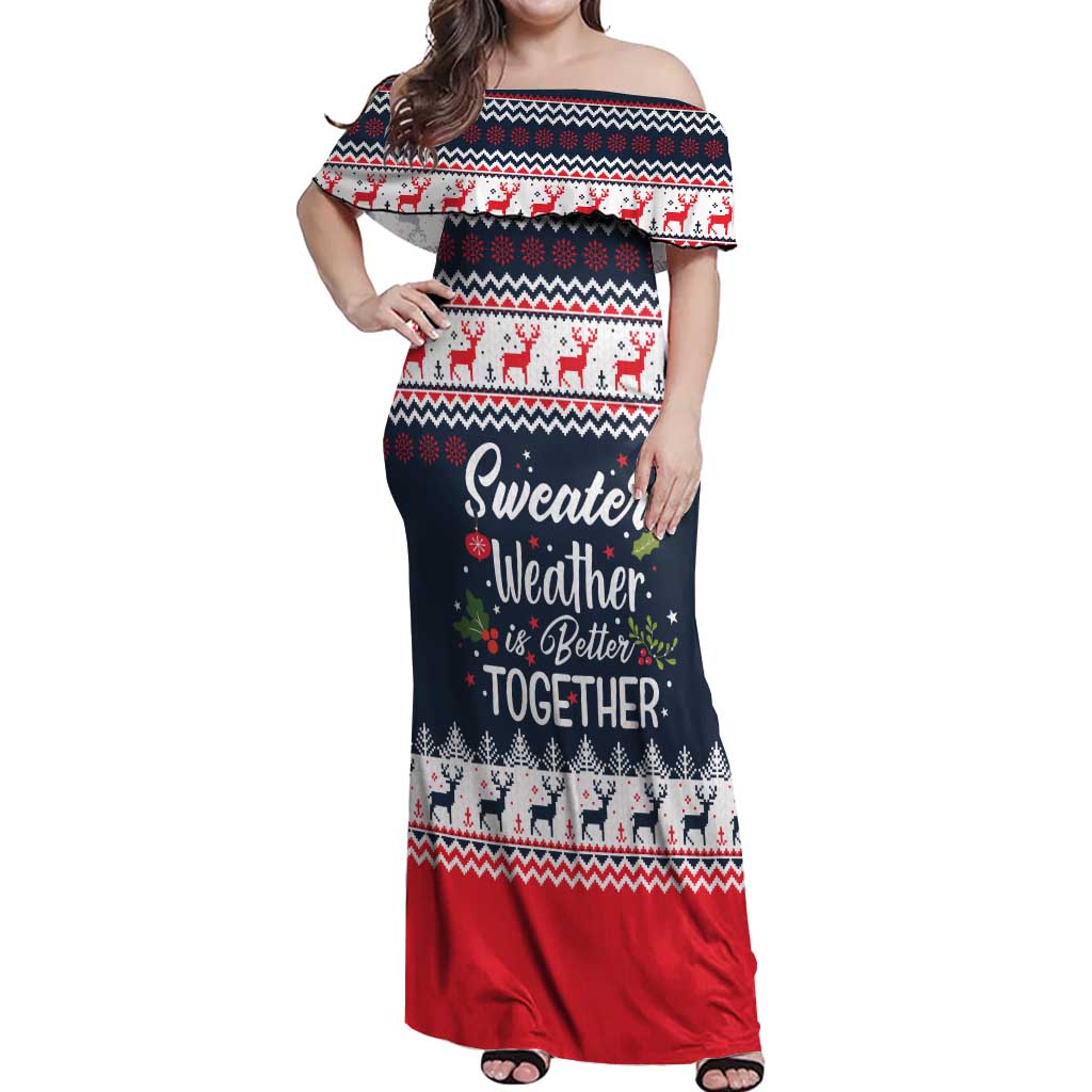 Sweater Weather Christmas Off Shoulder Maxi Dress with Better Together Quote and Reindeer Snowflake - Wonder Print Shop