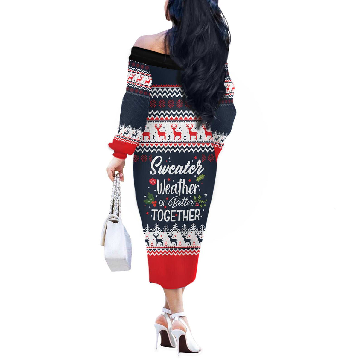 Sweater Weather Christmas Off The Shoulder Long Sleeve Dress with Better Together Quote and Reindeer Snowflake - Wonder Print Shop