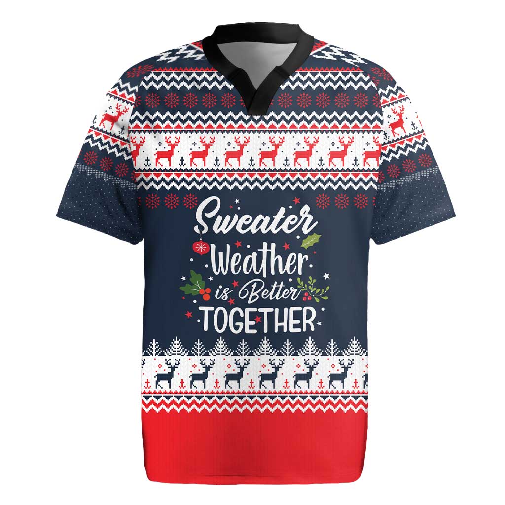 Sweater Weather Christmas Rugby Jersey with Better Together Quote and Reindeer Snowflake - Wonder Print Shop