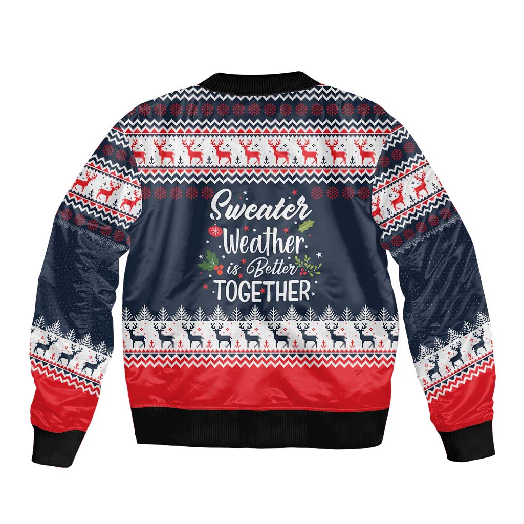 Sweater Weather Christmas Sleeve Zip Bomber Jacket with Better Together Quote and Reindeer Snowflake - Wonder Print Shop