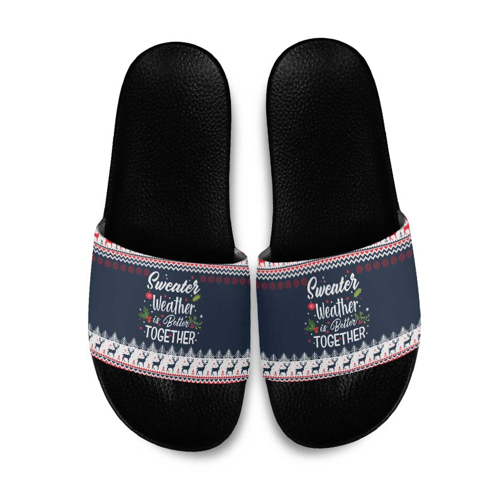 Sweater Weather Christmas Slide Sandals with Better Together Quote and Reindeer Snowflake - Wonder Print Shop