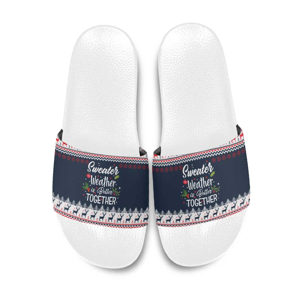 Sweater Weather Christmas Slide Sandals with Better Together Quote and Reindeer Snowflake - Wonder Print Shop
