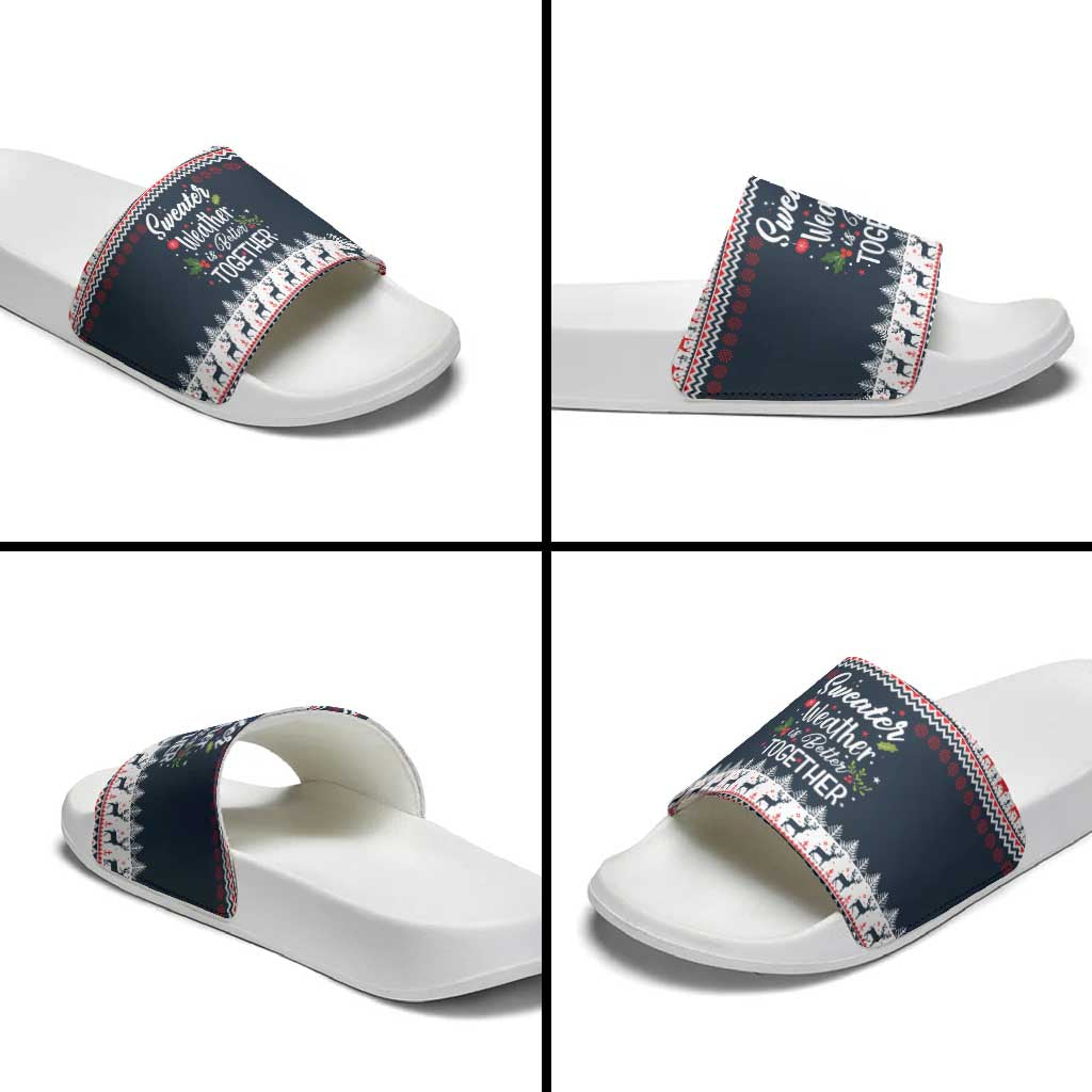 Sweater Weather Christmas Slide Sandals with Better Together Quote and Reindeer Snowflake - Wonder Print Shop