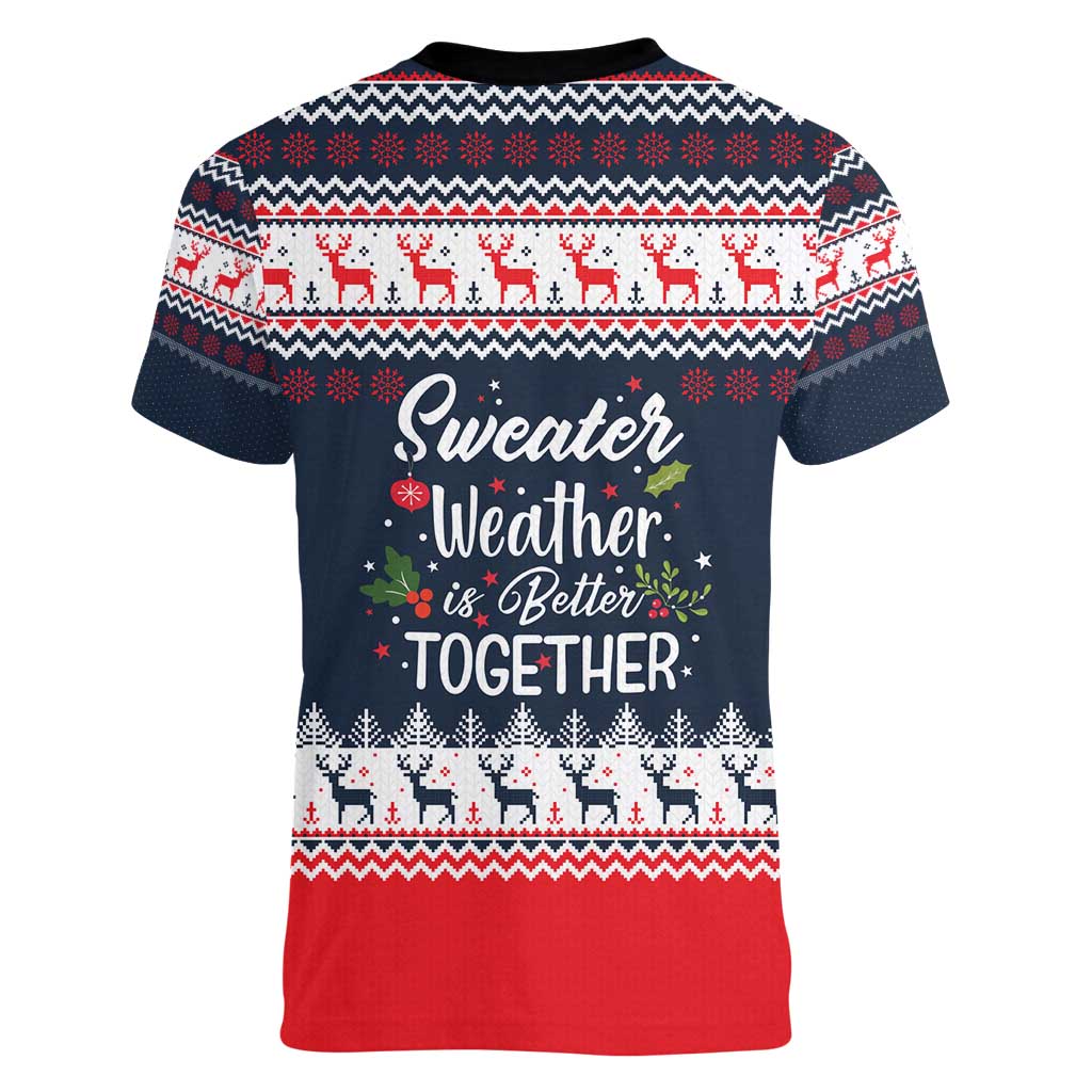 Sweater Weather Christmas Women V-Neck T-Shirt with Better Together Quote and Reindeer Snowflake - Wonder Print Shop