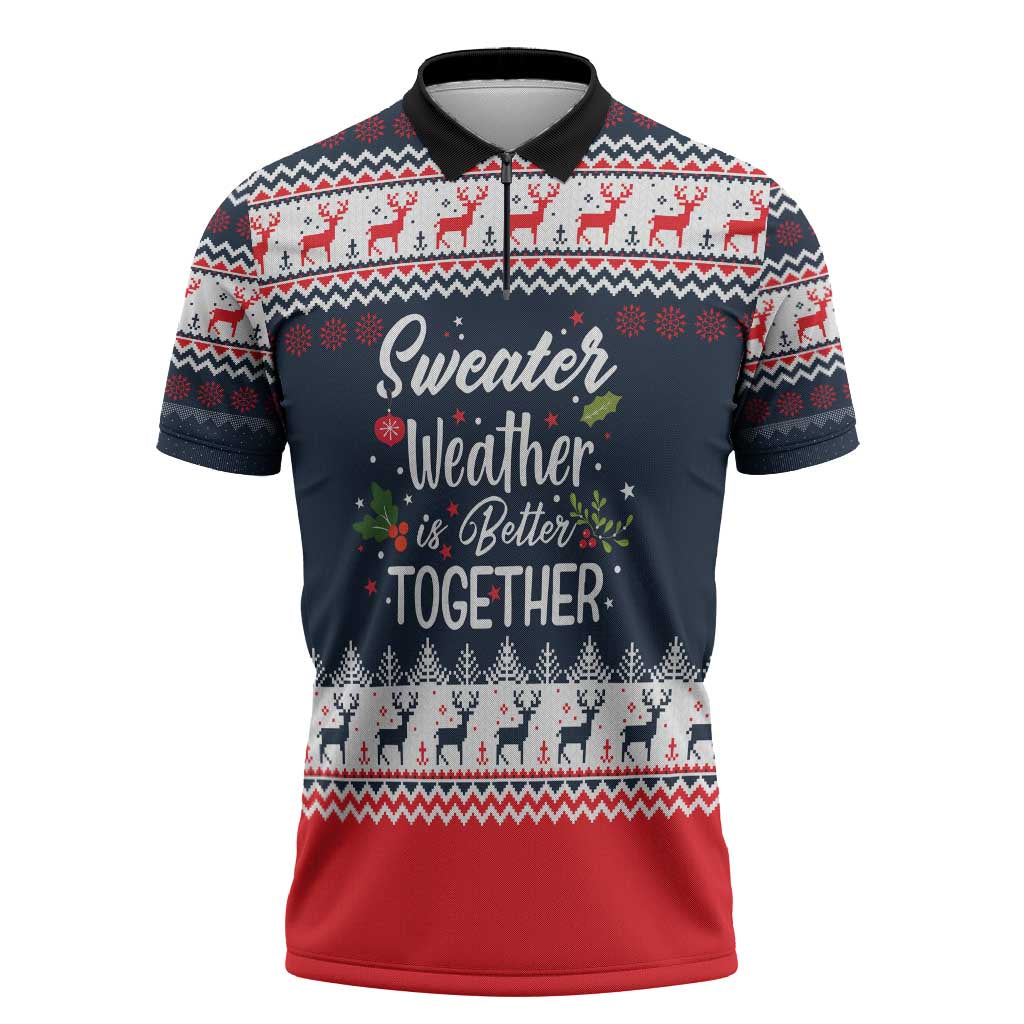Sweater Weather Christmas Zipper Polo Shirt with Better Together Quote and Reindeer Snowflake - Wonder Print Shop