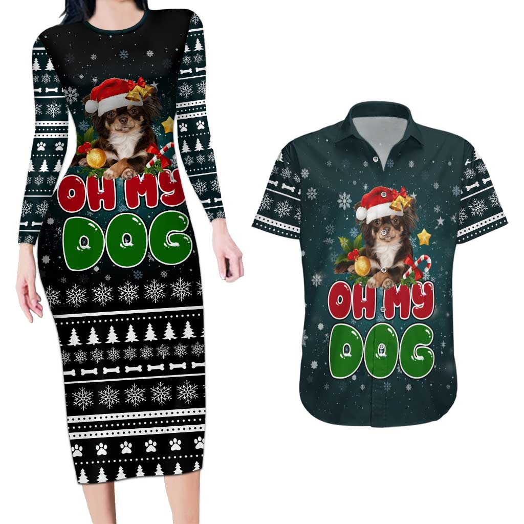 Chihuahua Oh My Dog Christmas Couples Matching Long Sleeve Bodycon Dress and Hawaiian Shirt Xmas Holiday Patterns - Wonder Print Shop