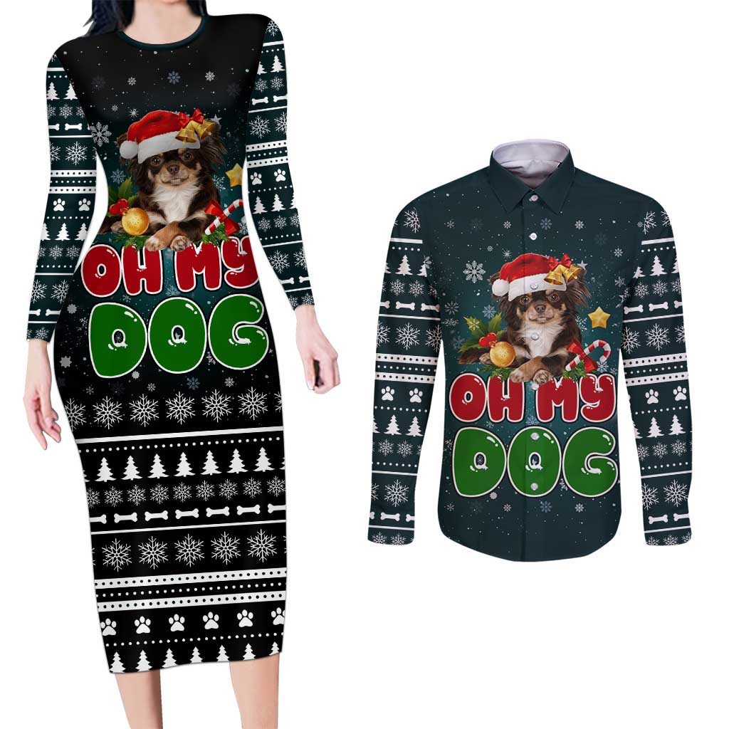 Chihuahua Oh My Dog Christmas Couples Matching Long Sleeve Bodycon Dress and Long Sleeve Button Shirt Xmas Holiday Patterns - Wonder Print Shop