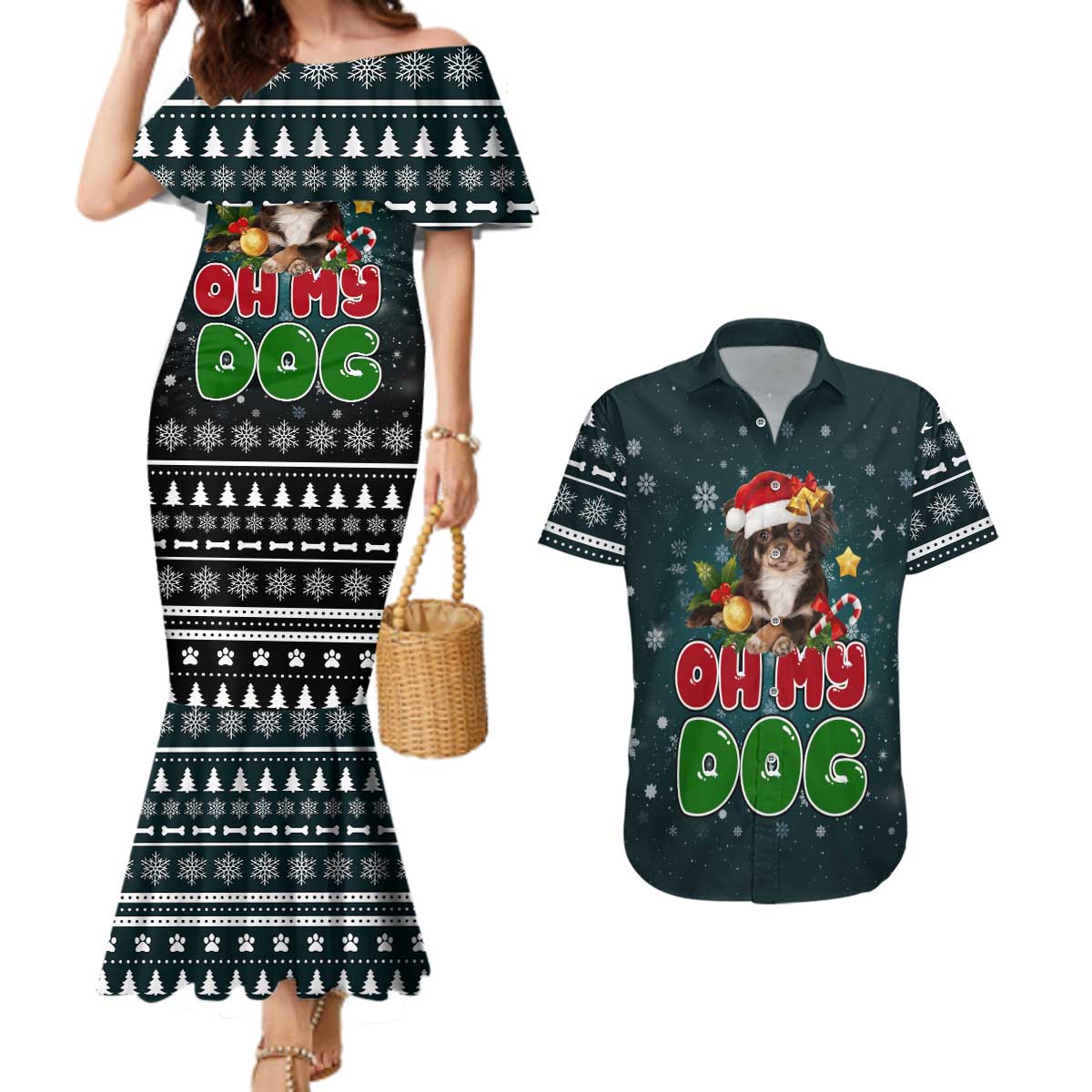 Chihuahua Oh My Dog Christmas Couples Matching Mermaid Dress and Hawaiian Shirt Xmas Holiday Patterns - Wonder Print Shop