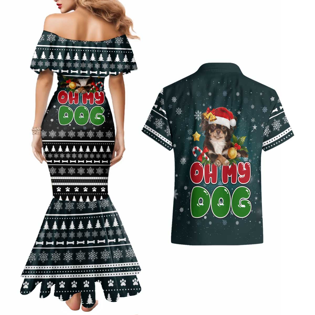 Chihuahua Oh My Dog Christmas Couples Matching Mermaid Dress and Hawaiian Shirt Xmas Holiday Patterns - Wonder Print Shop