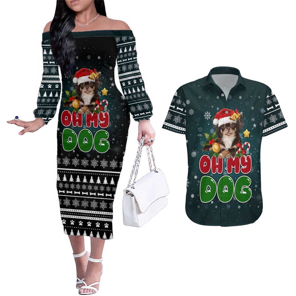 Chihuahua Oh My Dog Christmas Couples Matching Off The Shoulder Long Sleeve Dress and Hawaiian Shirt Xmas Holiday Patterns - Wonder Print Shop