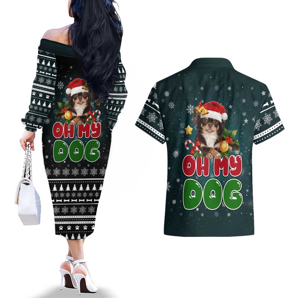 Chihuahua Oh My Dog Christmas Couples Matching Off The Shoulder Long Sleeve Dress and Hawaiian Shirt Xmas Holiday Patterns - Wonder Print Shop