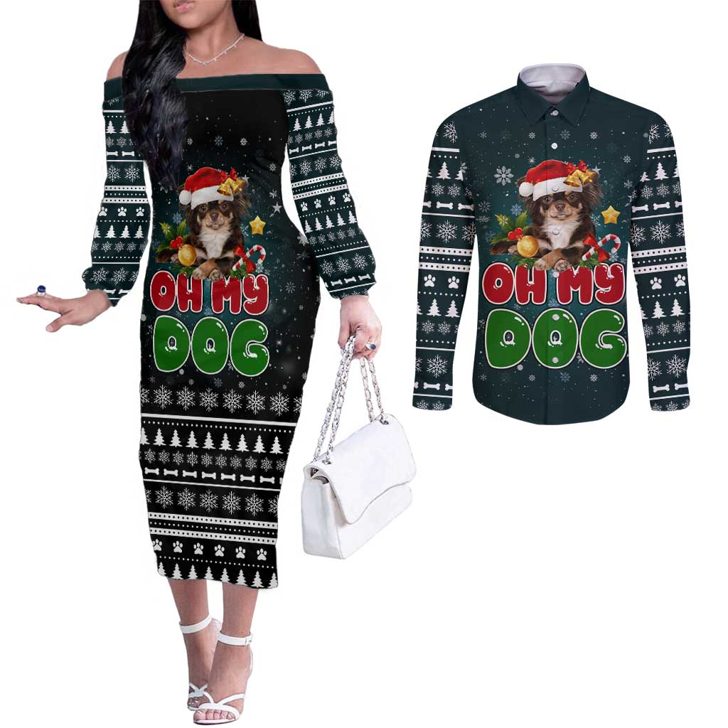 Chihuahua Oh My Dog Christmas Couples Matching Off The Shoulder Long Sleeve Dress and Long Sleeve Button Shirt Xmas Holiday Patterns - Wonder Print Shop
