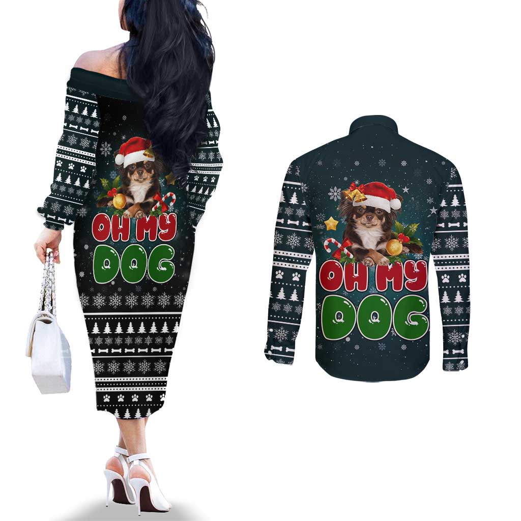Chihuahua Oh My Dog Christmas Couples Matching Off The Shoulder Long Sleeve Dress and Long Sleeve Button Shirt Xmas Holiday Patterns - Wonder Print Shop