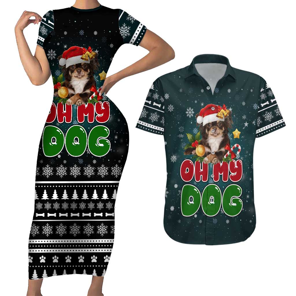Chihuahua Oh My Dog Christmas Couples Matching Short Sleeve Bodycon Dress and Hawaiian Shirt Xmas Holiday Patterns - undefined