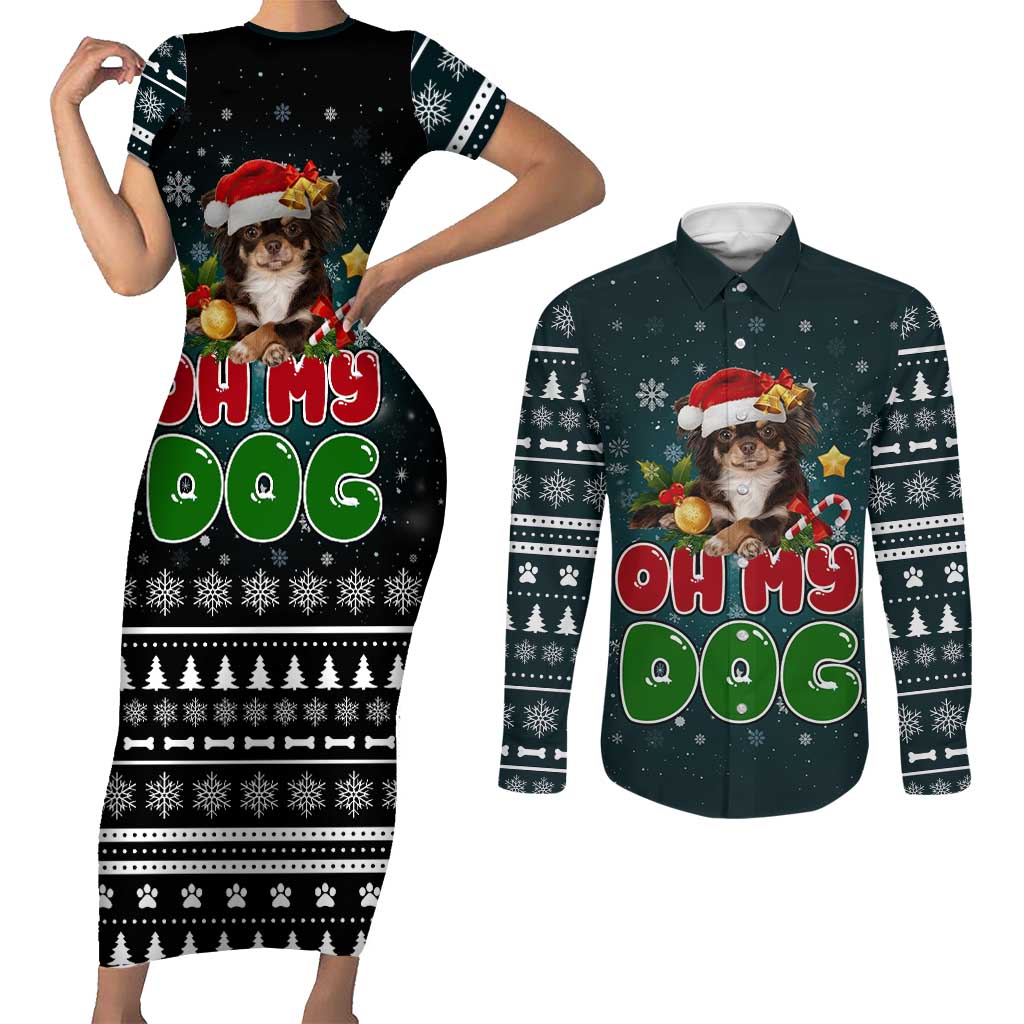 Chihuahua Oh My Dog Christmas Couples Matching Short Sleeve Bodycon Dress and Long Sleeve Button Shirt Xmas Holiday Patterns - Wonder Print Shop