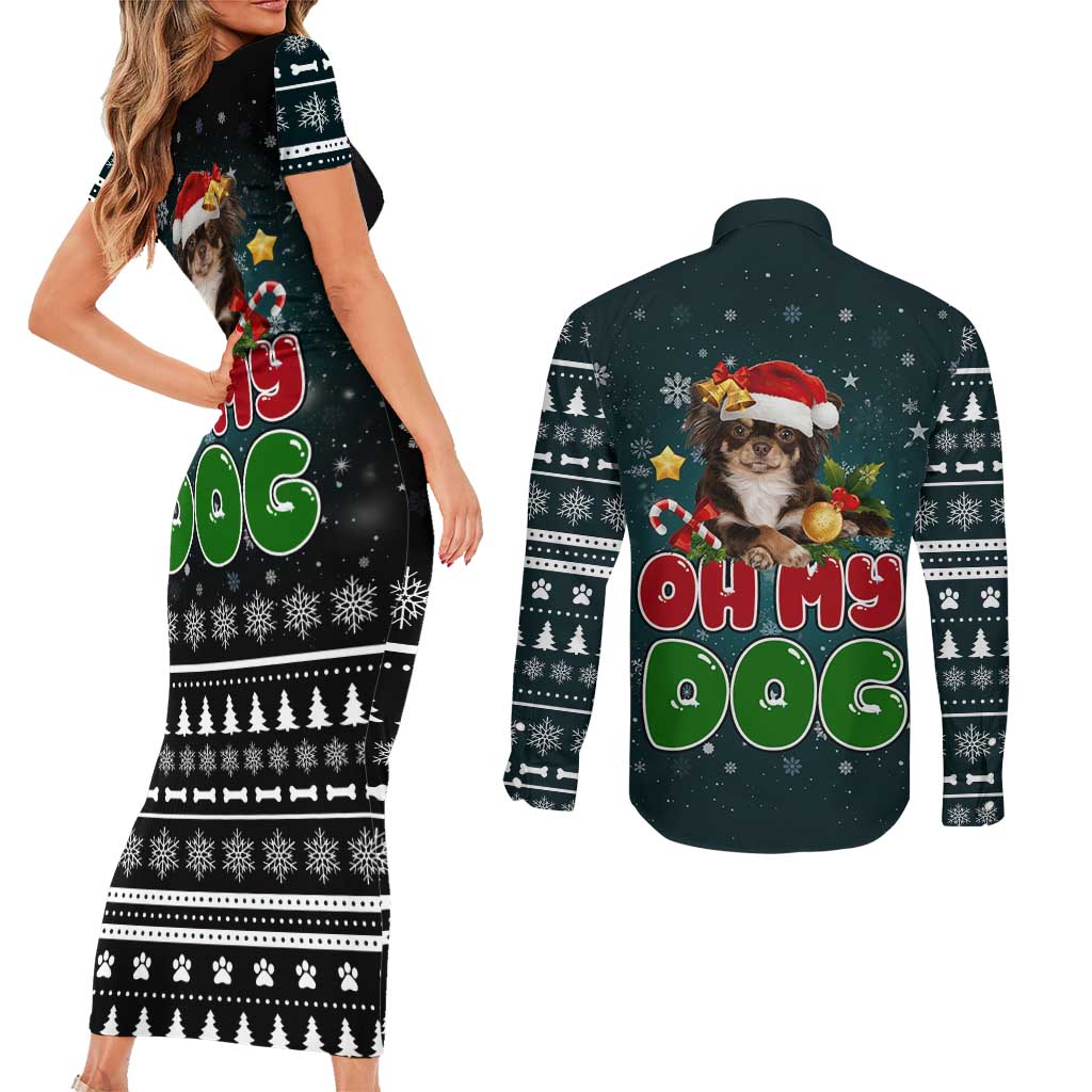 Chihuahua Oh My Dog Christmas Couples Matching Short Sleeve Bodycon Dress and Long Sleeve Button Shirt Xmas Holiday Patterns - Wonder Print Shop