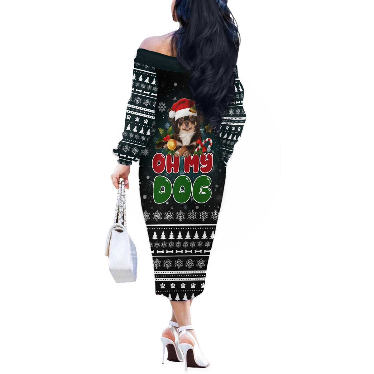 Chihuahua Oh My Dog Christmas Off The Shoulder Long Sleeve Dress Xmas Holiday Patterns - Wonder Print Shop