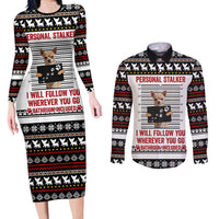Chihuahua Personal Stalker Christmas Couples Matching Long Sleeve Bodycon Dress and Long Sleeve Button Shirt Xmas Holiday Patterns - Wonder Print Shop