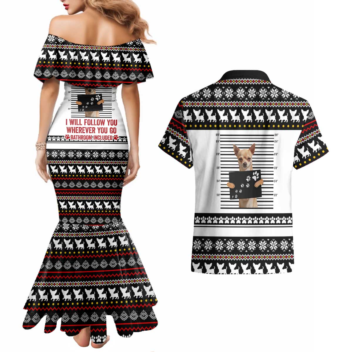 Chihuahua Personal Stalker Christmas Couples Matching Mermaid Dress and Hawaiian Shirt Xmas Holiday Patterns - Wonder Print Shop