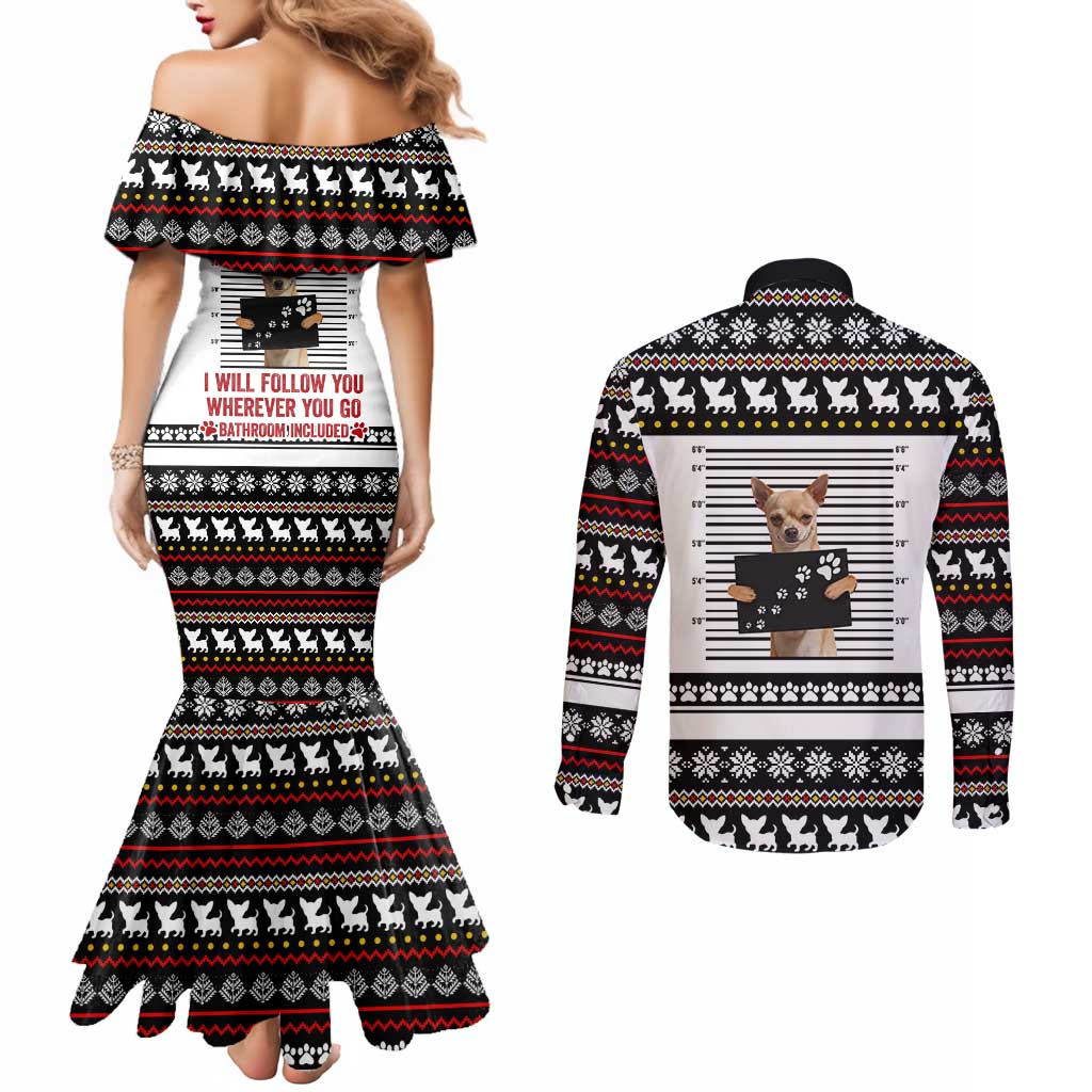 Chihuahua Personal Stalker Christmas Couples Matching Mermaid Dress and Long Sleeve Button Shirt Xmas Holiday Patterns - Wonder Print Shop