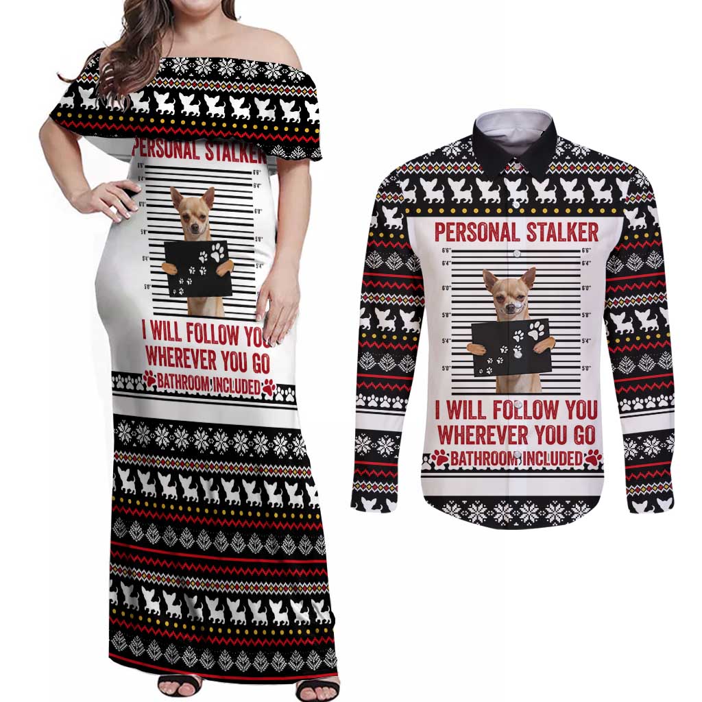 Chihuahua Personal Stalker Christmas Couples Matching Off Shoulder Maxi Dress and Long Sleeve Button Shirt Xmas Holiday Patterns - Wonder Print Shop