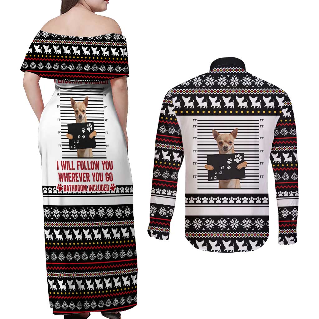 Chihuahua Personal Stalker Christmas Couples Matching Off Shoulder Maxi Dress and Long Sleeve Button Shirt Xmas Holiday Patterns - Wonder Print Shop