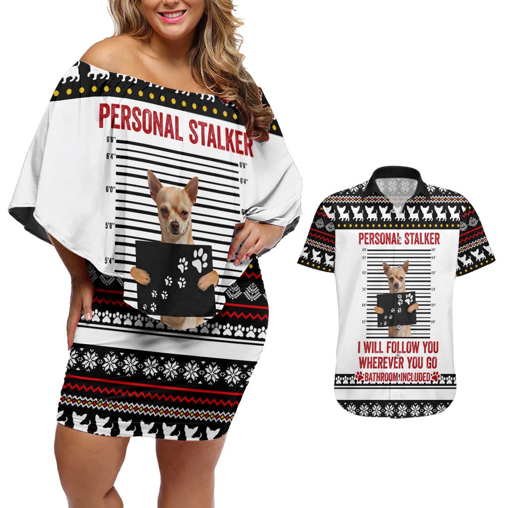 Chihuahua Personal Stalker Christmas Couples Matching Off Shoulder Short Dress and Hawaiian Shirt Xmas Holiday Patterns - Wonder Print Shop
