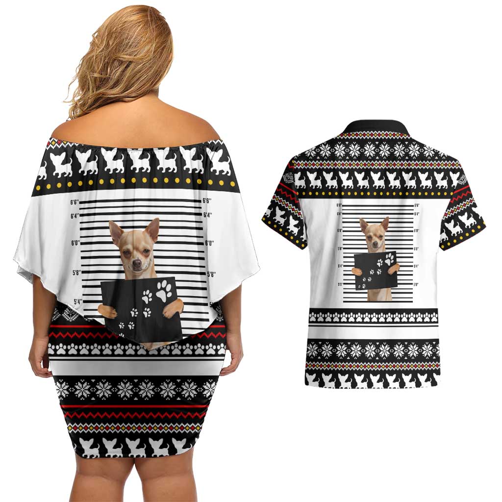 Chihuahua Personal Stalker Christmas Couples Matching Off Shoulder Short Dress and Hawaiian Shirt Xmas Holiday Patterns - Wonder Print Shop