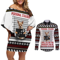 Chihuahua Personal Stalker Christmas Couples Matching Off Shoulder Short Dress and Long Sleeve Button Shirt Xmas Holiday Patterns - Wonder Print Shop