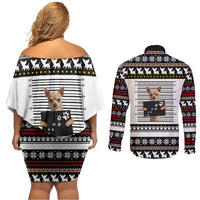 Chihuahua Personal Stalker Christmas Couples Matching Off Shoulder Short Dress and Long Sleeve Button Shirt Xmas Holiday Patterns - Wonder Print Shop