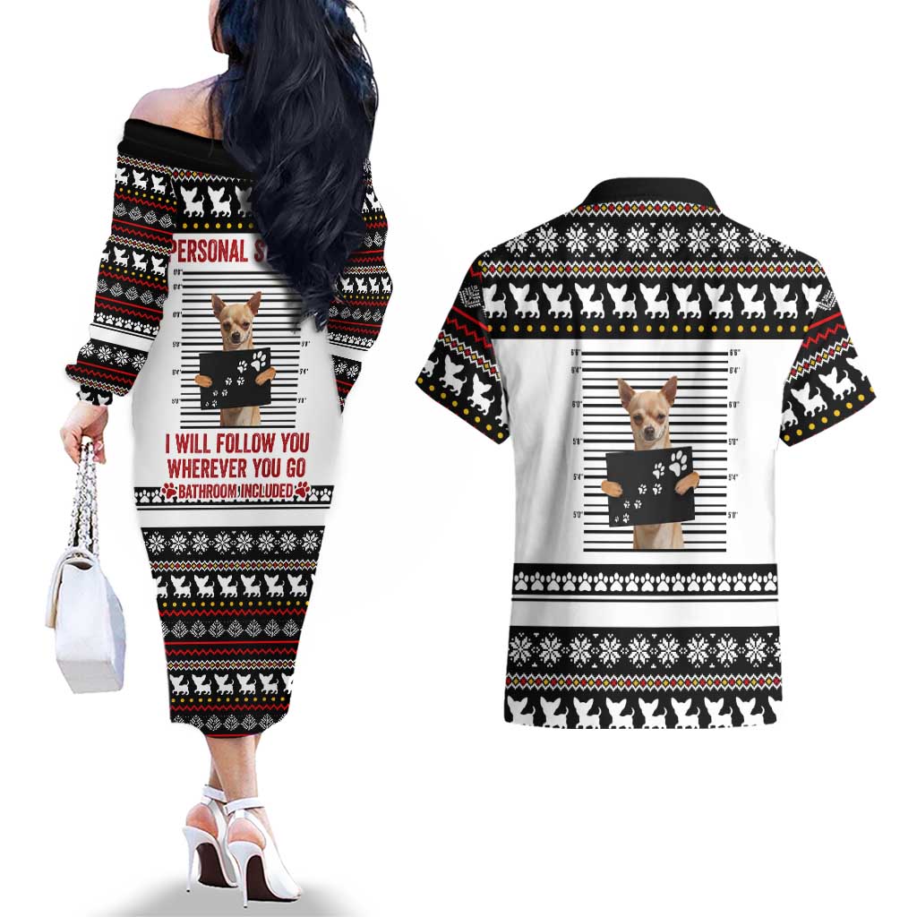 Chihuahua Personal Stalker Christmas Couples Matching Off The Shoulder Long Sleeve Dress and Hawaiian Shirt Xmas Holiday Patterns - Wonder Print Shop