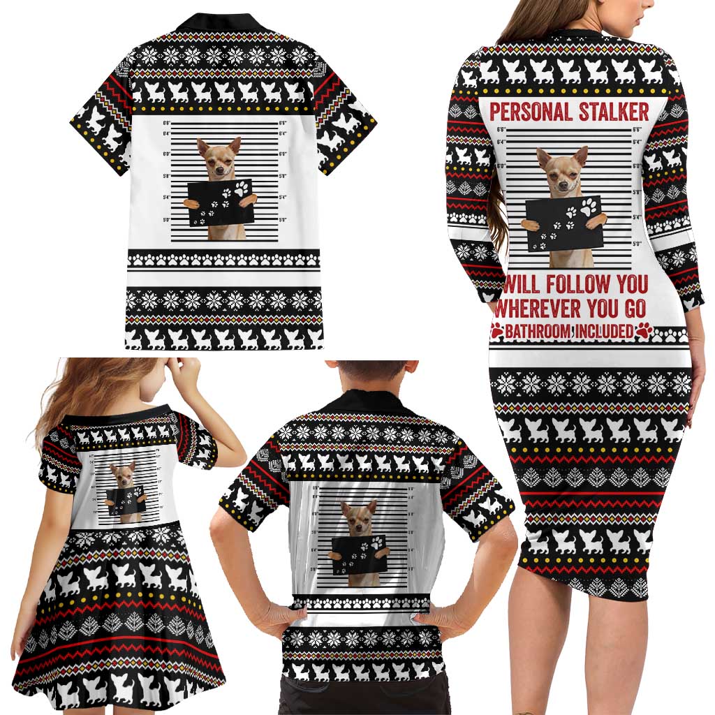 Chihuahua Personal Stalker Christmas Family Matching Long Sleeve Bodycon Dress and Hawaiian Shirt Xmas Holiday Patterns - Wonder Print Shop