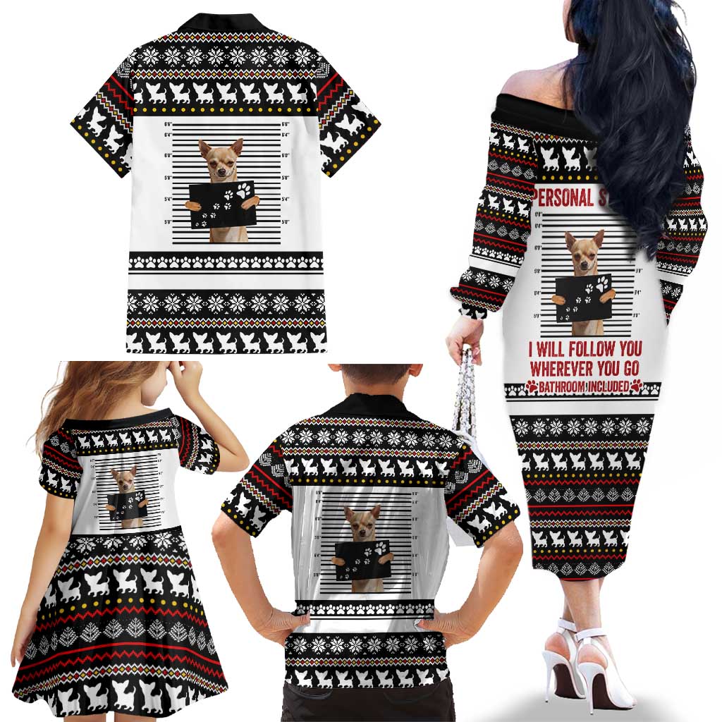 Chihuahua Personal Stalker Christmas Family Matching Off The Shoulder Long Sleeve Dress and Hawaiian Shirt Xmas Holiday Patterns - Wonder Print Shop