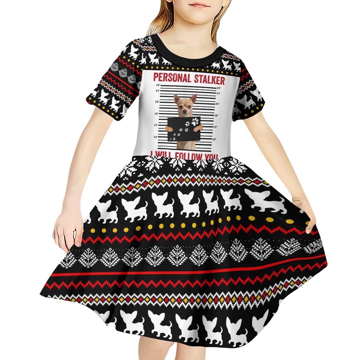 Chihuahua Personal Stalker Christmas Kid Short Sleeve Dress Xmas Holiday Patterns - Wonder Print Shop