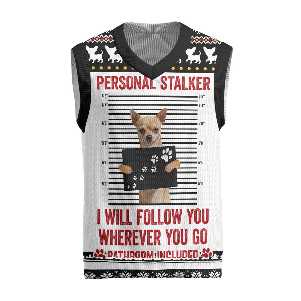Chihuahua Personal Stalker Christmas Knitted V-Neck Vest Xmas Holiday Patterns - Wonder Print Shop