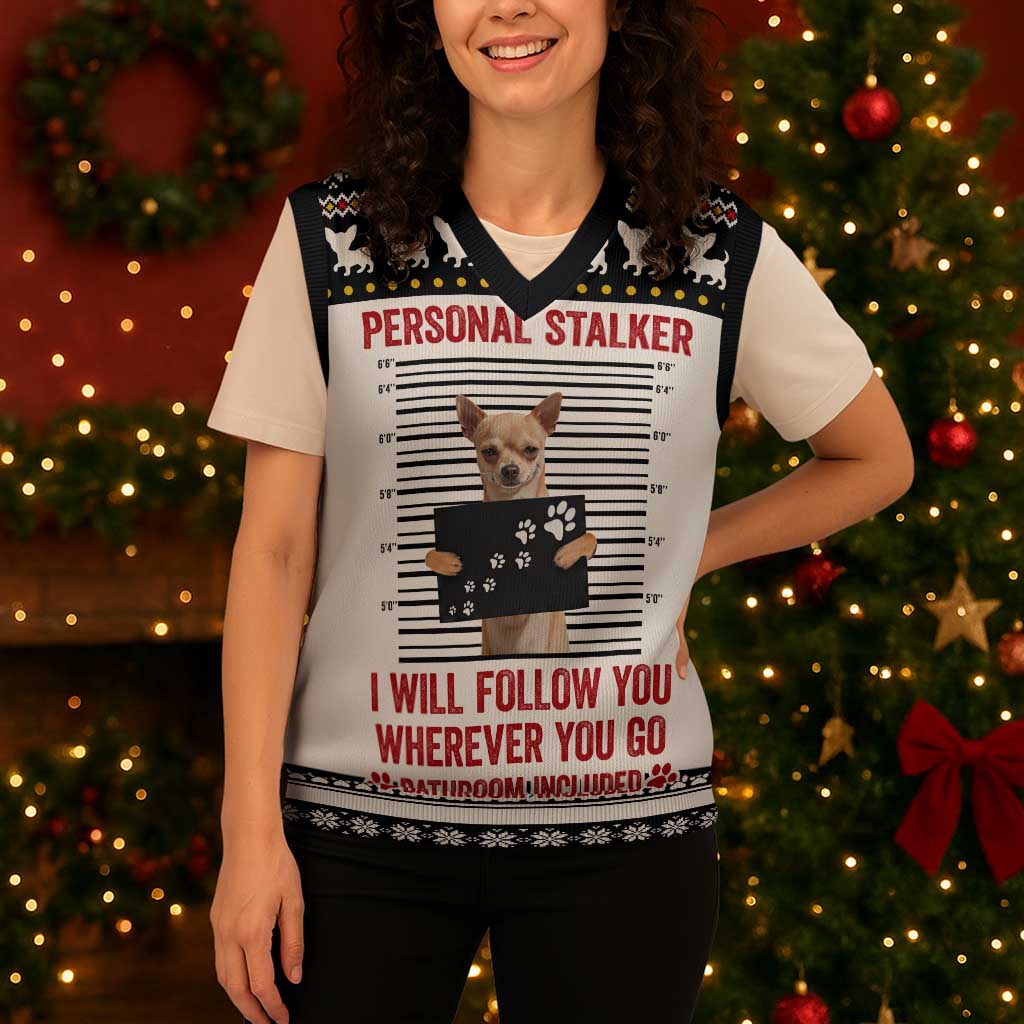Chihuahua Personal Stalker Christmas Knitted V-Neck Vest Xmas Holiday Patterns - Wonder Print Shop