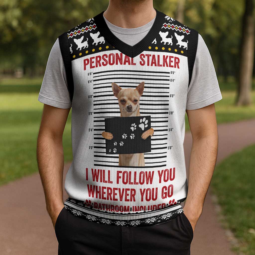 Chihuahua Personal Stalker Christmas Knitted V-Neck Vest Xmas Holiday Patterns - Wonder Print Shop